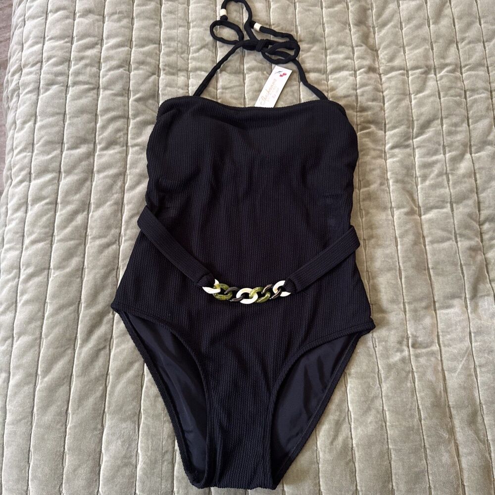 Shoshanna Bandeau Belted One Piece Swimsuit Texture Black  2